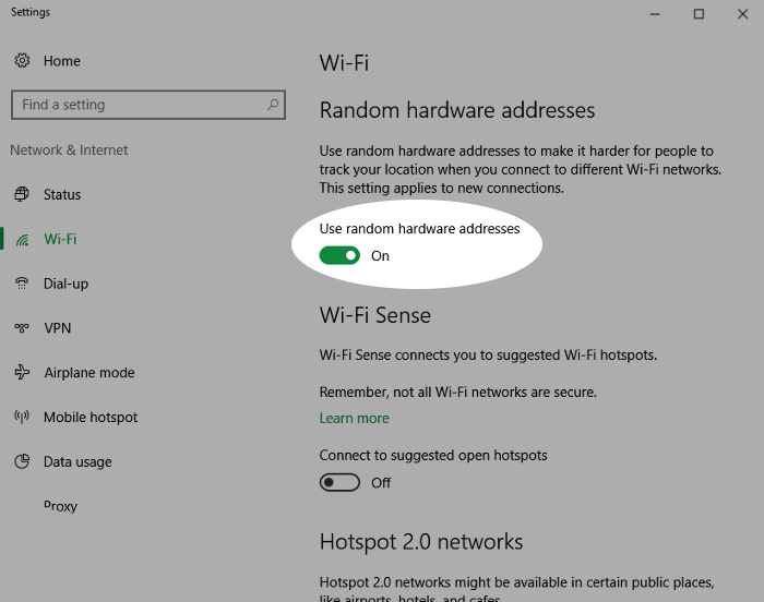 Случайный адрес. Hardware address. Settings Network перевод.